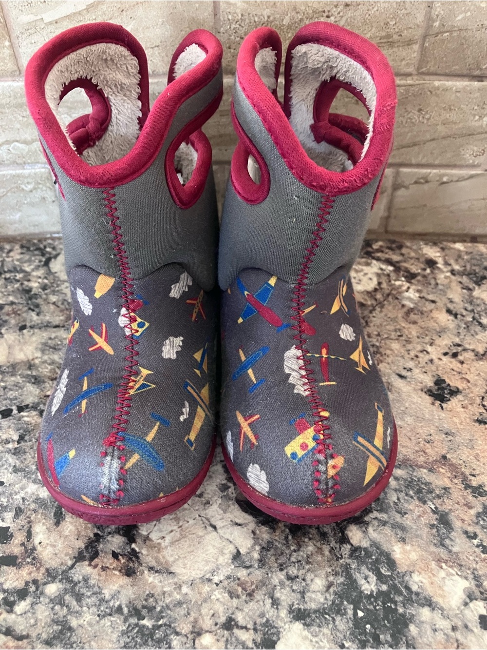 Bogs Kids Gray and Pink Airplane Print Winter Boots